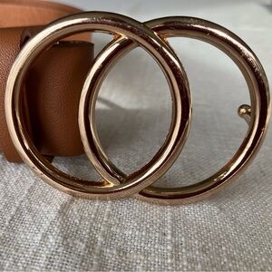 Elegant Brown faux leather Belt with dual circle Gold tone Buckle 36” buckle 2”.